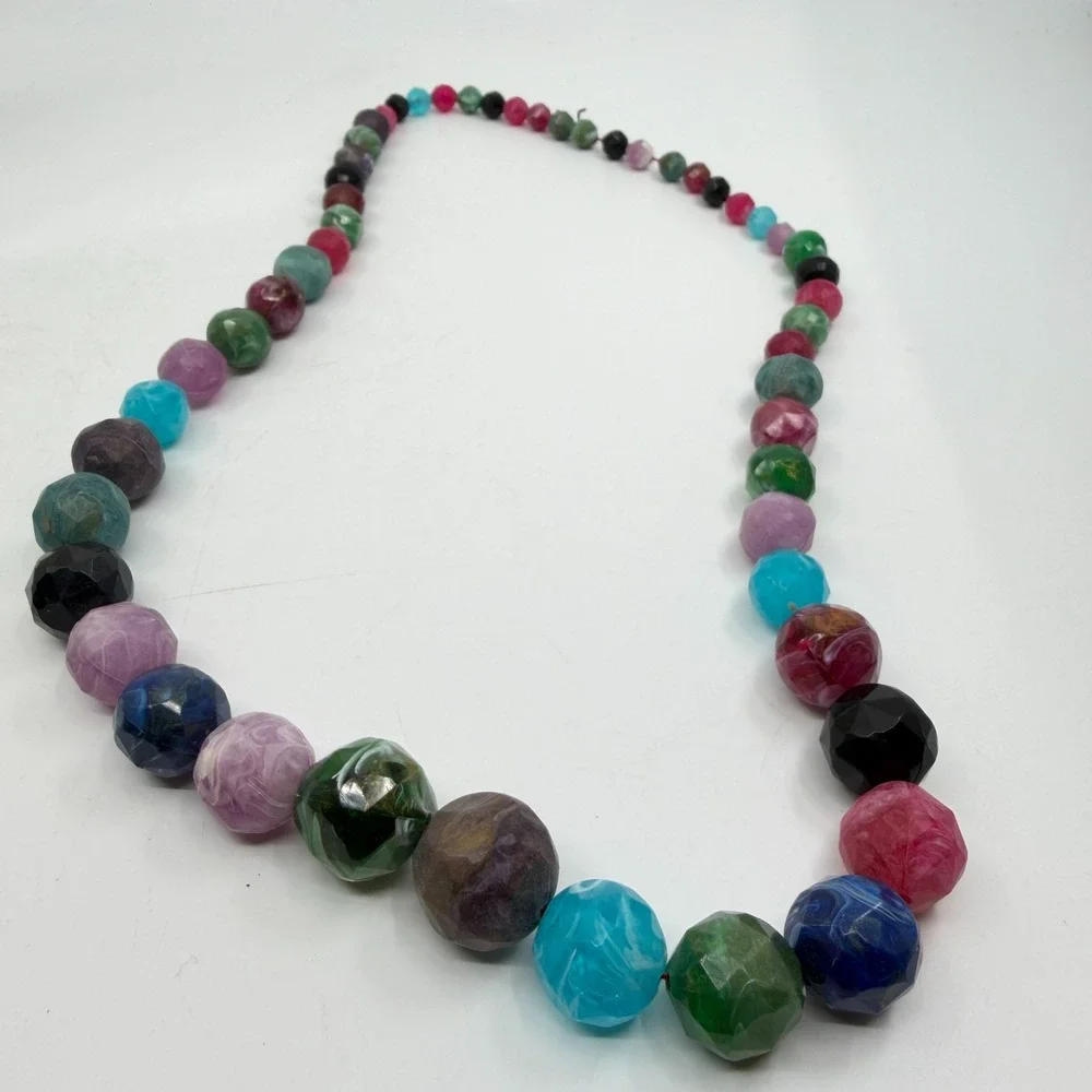 Multicolor Faceted Marbled Bead Long Necklace Chunky Boho Statement Jewelry